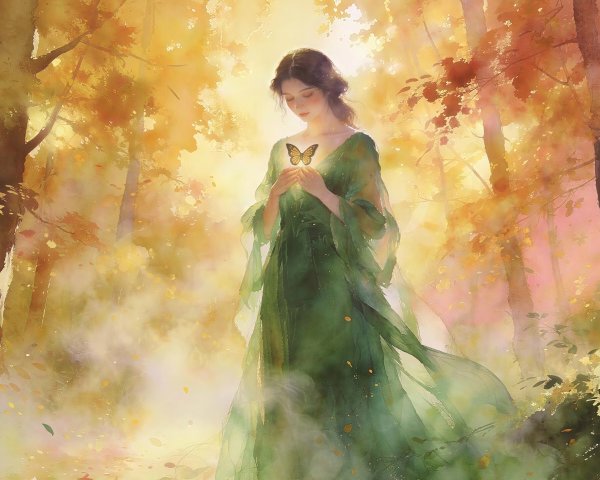 Whimsical Digital Painting of Woman in Autumn Forest