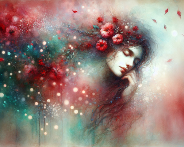 Ethereal Portrait of Woman with Flowers and Colors