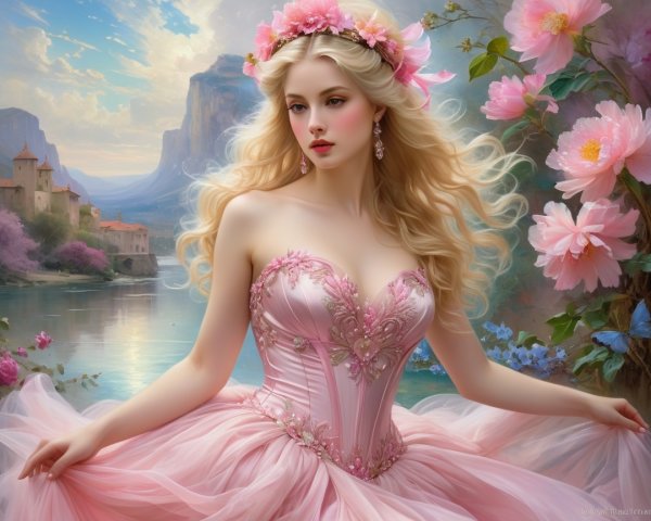 Young Woman in Pink Gown in Enchanting Landscape