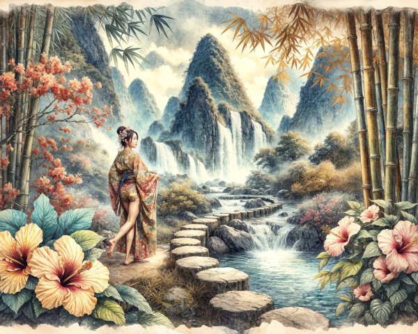 Serene Landscape with Woman in Colorful Kimono