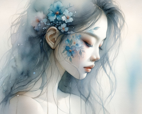 Serene portrait of a woman with floral accents