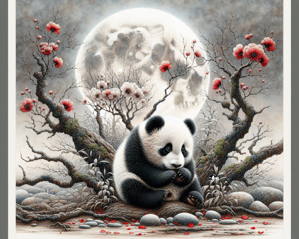 Panda Among Cherry Blossoms and Luminous Moonlight