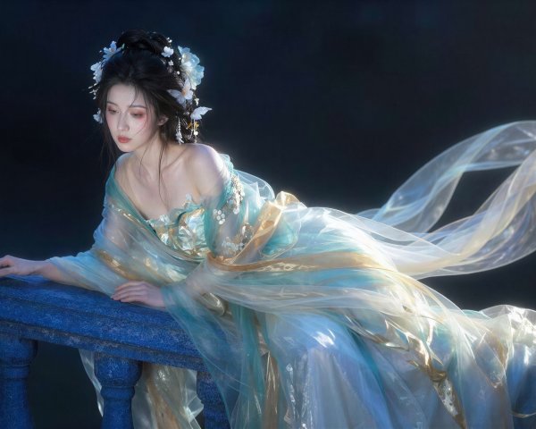 Elegant Woman in Flowing Gown on Blue Stone Railing