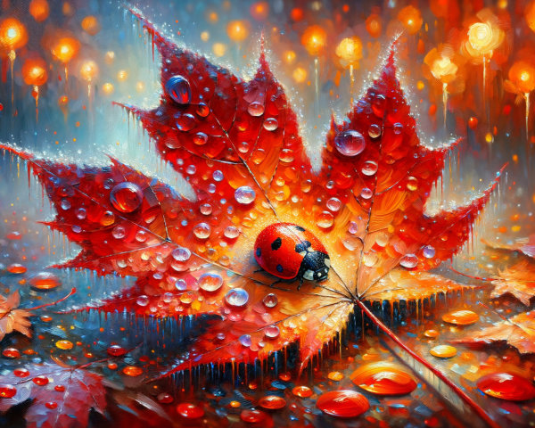 Red Maple Leaf with Raindrops and Autumn Background
