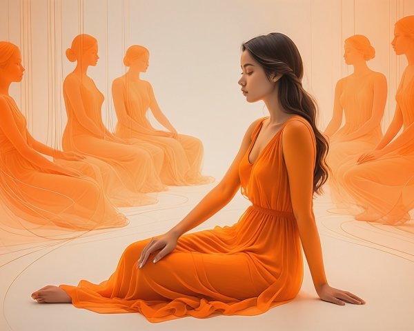 Contemplative Woman in Flowing Orange Gown with Silhouettes