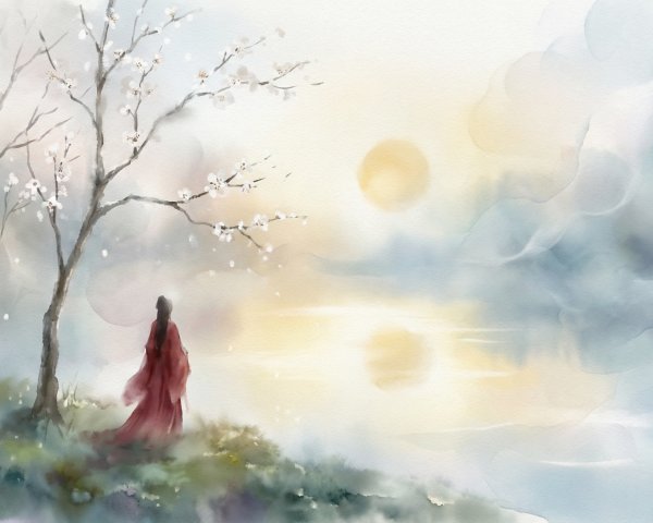 Watercolor Painting of a Woman in Surreal Landscape