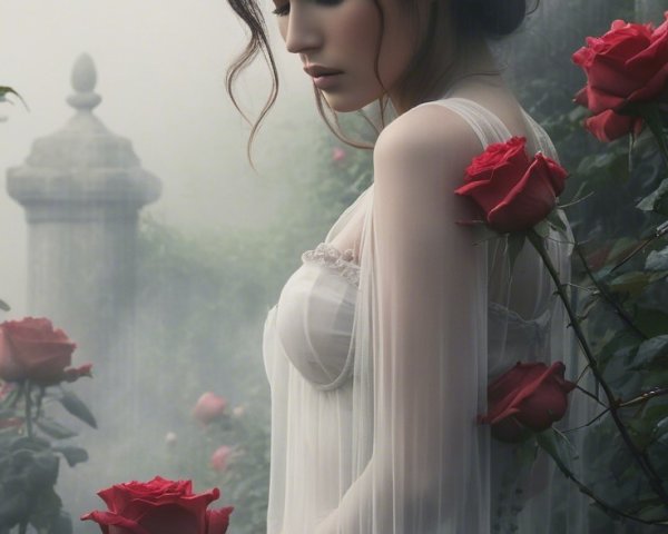 Serene woman in white dress among lush red roses