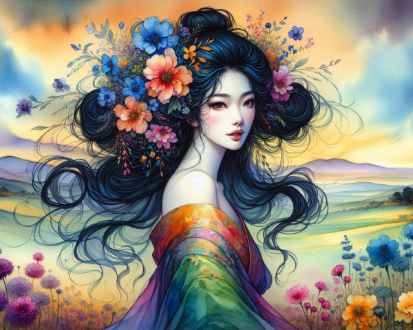 Ethereal Woman in Colorful Dress Amidst Vibrant Landscape