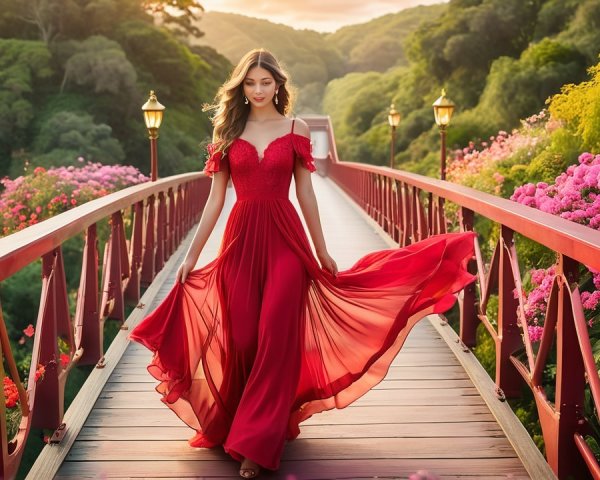Woman in Red Gown on Scenic Flower-Laden Bridge
