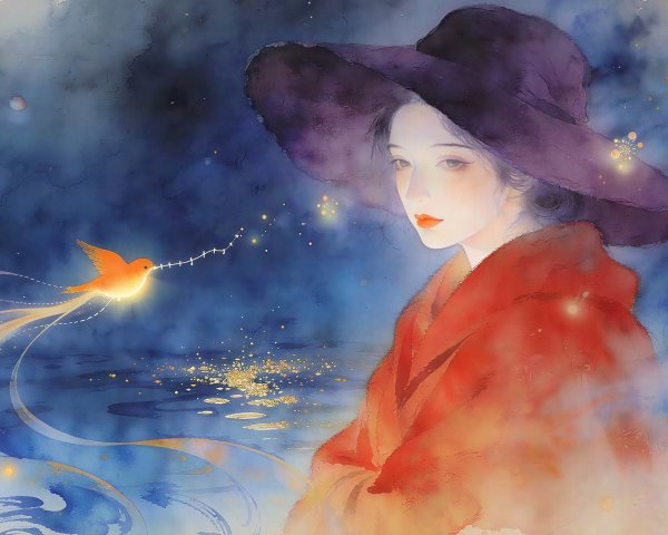 Elegant Woman in Red Coat with Soaring Orange Bird