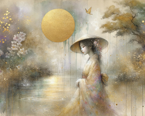 Ethereal Landscape with Pastel Colors and Tranquil Woman