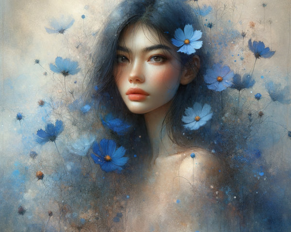 Portrait of a Young Woman Surrounded by Blue Flowers