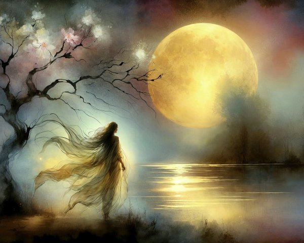Ethereal Moonlit Scene by a Tranquil Lake