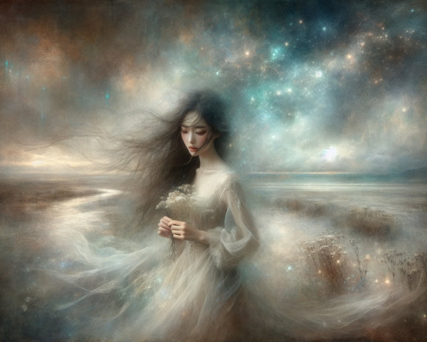 Dreamlike Figure by Serene Waterway at Twilight