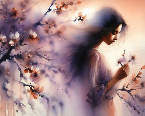 Watercolor Painting of a Woman Among Blossoms