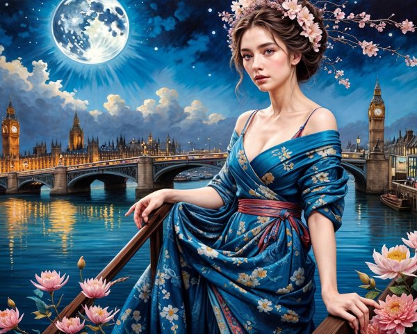 Young woman in blue kimono on boat with London skyline