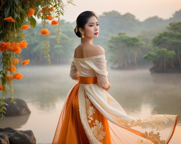 Young woman in traditional outfit by serene water