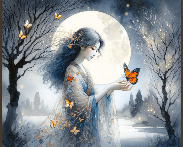 Ethereal Scene of Woman with Blue Hair and Butterflies