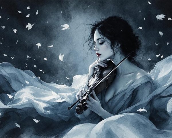 Mystical Scene of Woman with Violin and Falling Leaves