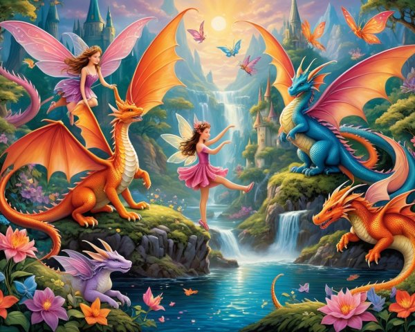 Fairies and Dragons in a Fantasy Waterfall Scene