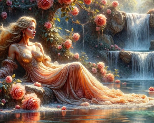 Woman in gown by waterfall and rose bushes