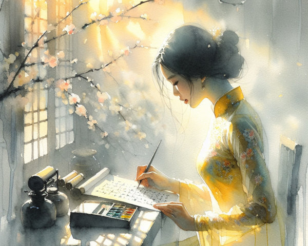 Young woman in yellow dress writing at sunlit table