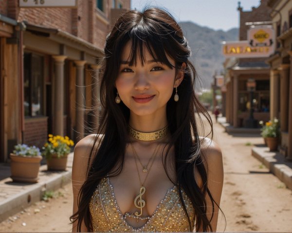Young Woman in Gold Outfit on Western Street