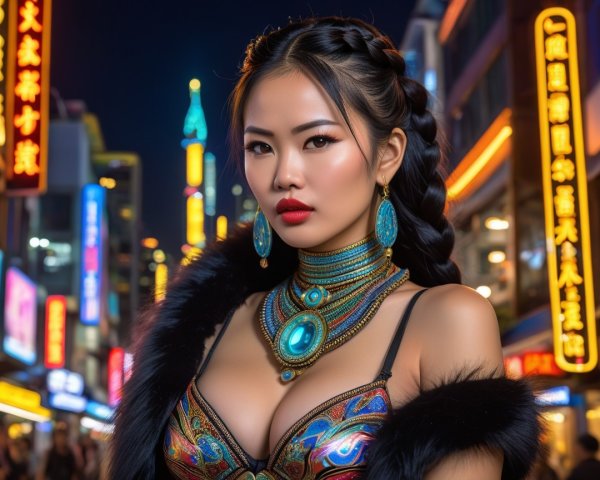 Confident Woman in Vibrant Urban Neon Setting