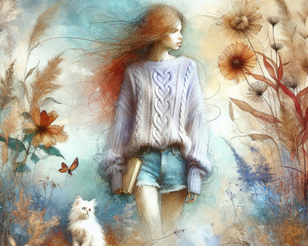 Ethereal Landscape with Girl, Flowers, and Cat