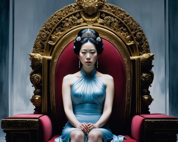 Regal Figure on Ornate Golden Throne in Blue Gown