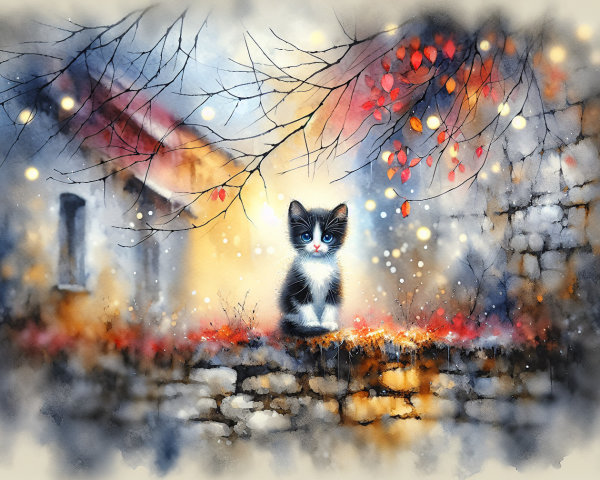 Black-and-white kitten on a stone wall in autumn