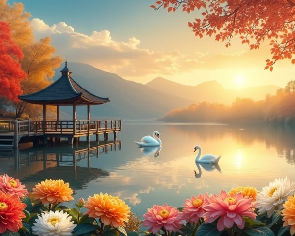 Lakeside Sunset with Pavilion and Swans in Autumn