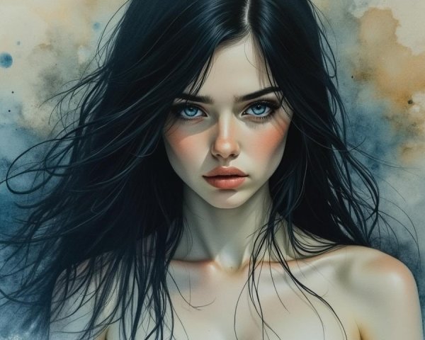 Portrait of a Young Woman with Black Hair and Blue Eyes