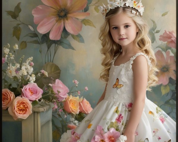 Young girl in floral dress with butterfly accents