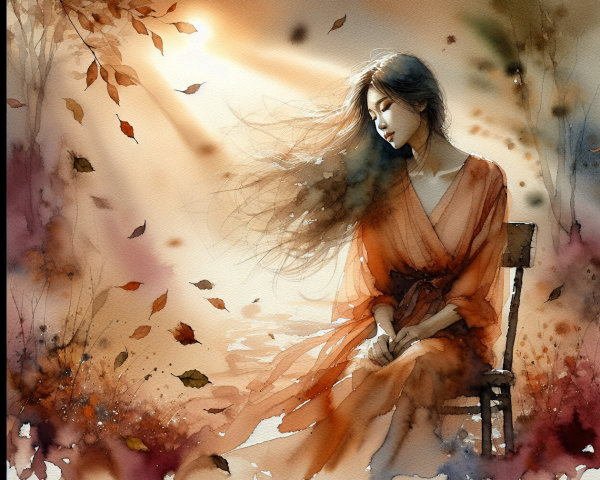 Watercolor Painting of Woman in Orange Robe and Leaves