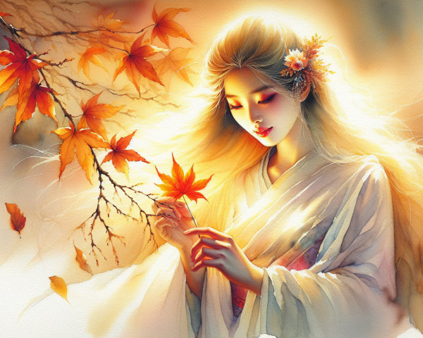 Serene Woman in Traditional Attire with Maple Leaf