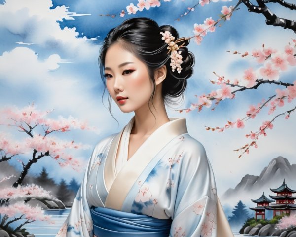 Young Woman in Kimono Amid Cherry Blossoms Landscape