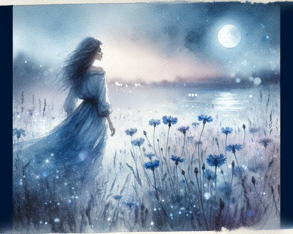 Watercolor Scene of Woman by Tranquil Lake at Dusk