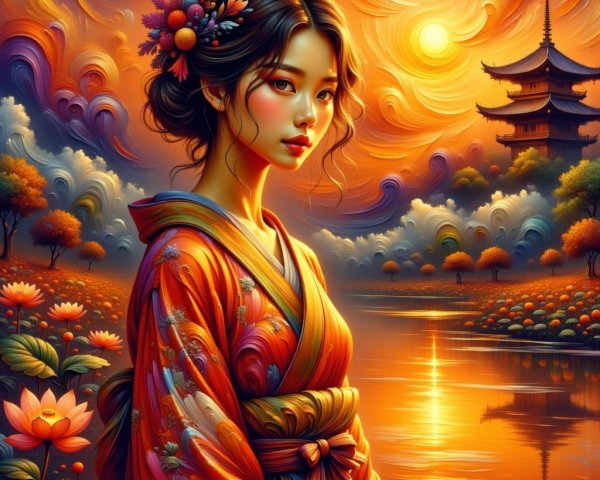 Young Woman in Kimono by Tranquil River at Sunset