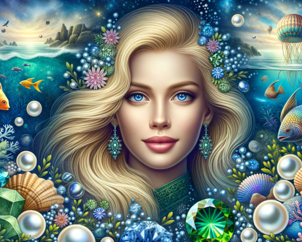 Mystical Underwater Scene with Serene Woman and Marine Life