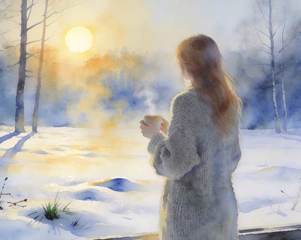 Watercolor Painting of Woman in Sweater by Window