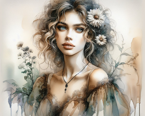 Portrait of a Young Woman with Floral Elements
