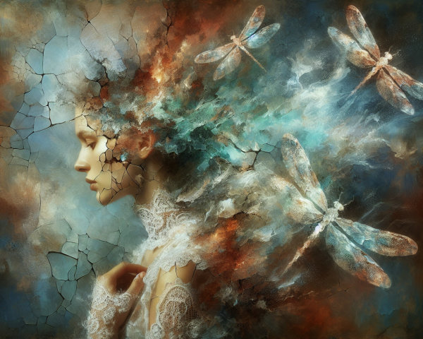 Ethereal Figure with Colorful Background and Dragonflies