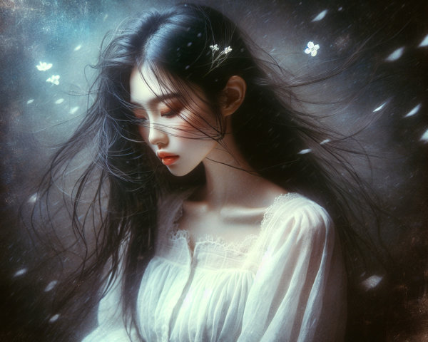 Portrait of an Asian woman with dark wavy hair and flowers