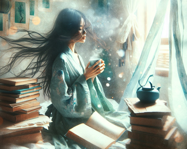 Young Woman in Robe Surrounded by Books and Light