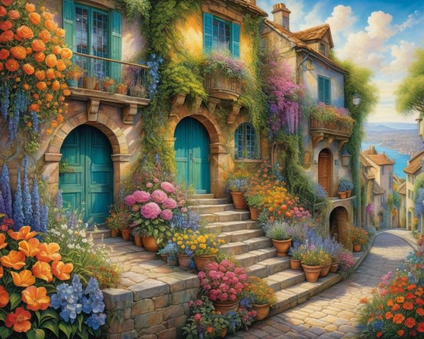 Charming Cobblestone Street with Flowers and Stone Houses