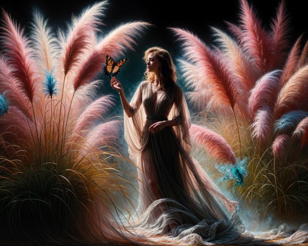Serene woman in ethereal gown with butterfly in nature