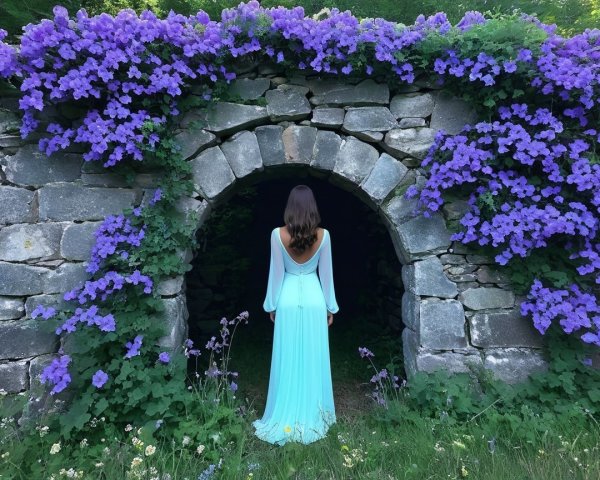 Woman in blue gown by arched stone entrance with flowers