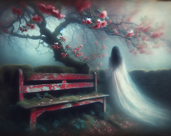 Misty Landscape with Red Bench and Magnolia Tree