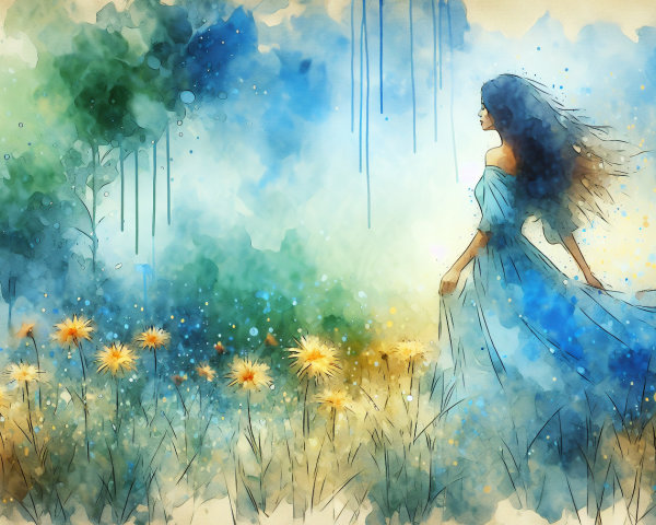 Watercolor Painting of Woman in Blue Gown in Field